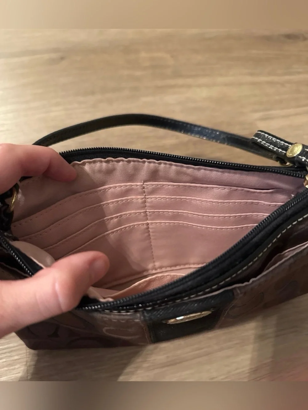 Coach Dark Brown Stripe Round Wristlet